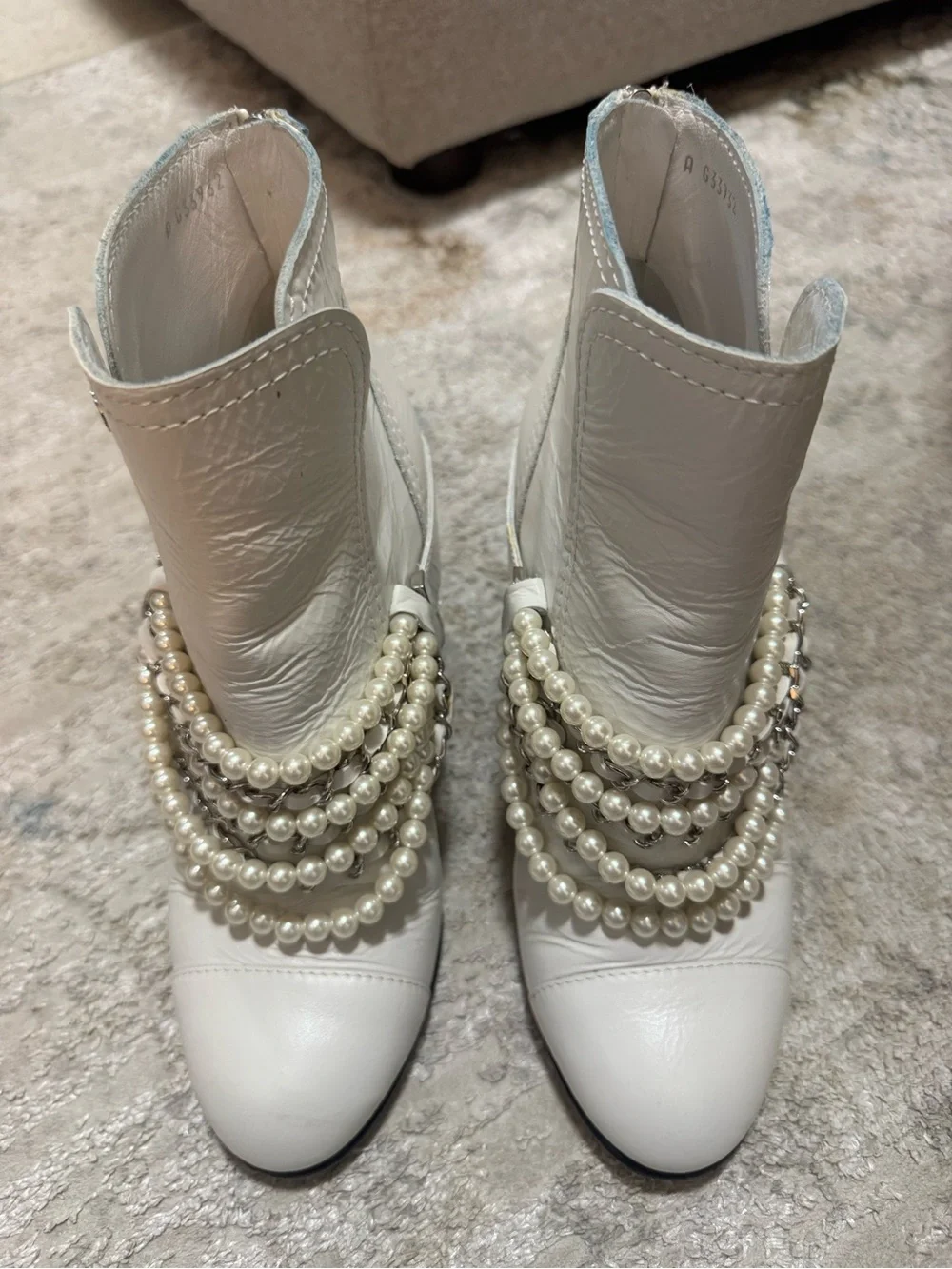 Chanel White Calfskin Pearl Chain CC Short Boots Size 39 or US 8.5